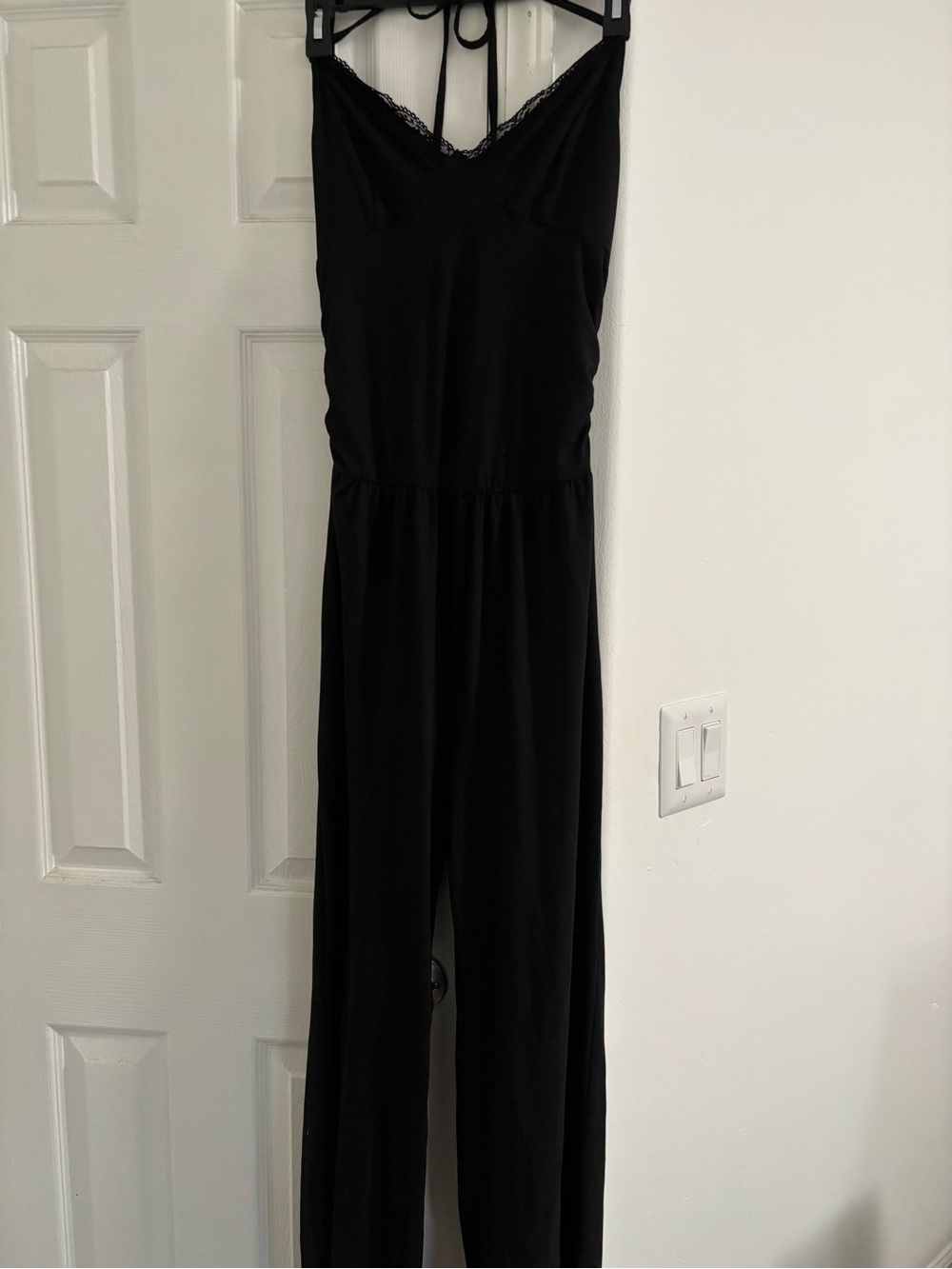 SHEIN Black Lace-Trim Wide-Leg Jumpsuit